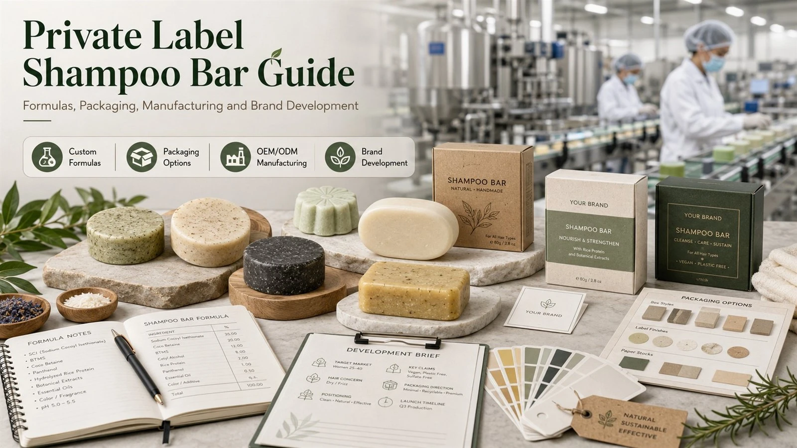 Private label shampoo bar guide showing custom formulas packaging options OEM ODM manufacturing and brand development support Private label shampoo bar guide showing custom formulas packaging options OEM ODM manufacturing and brand development support